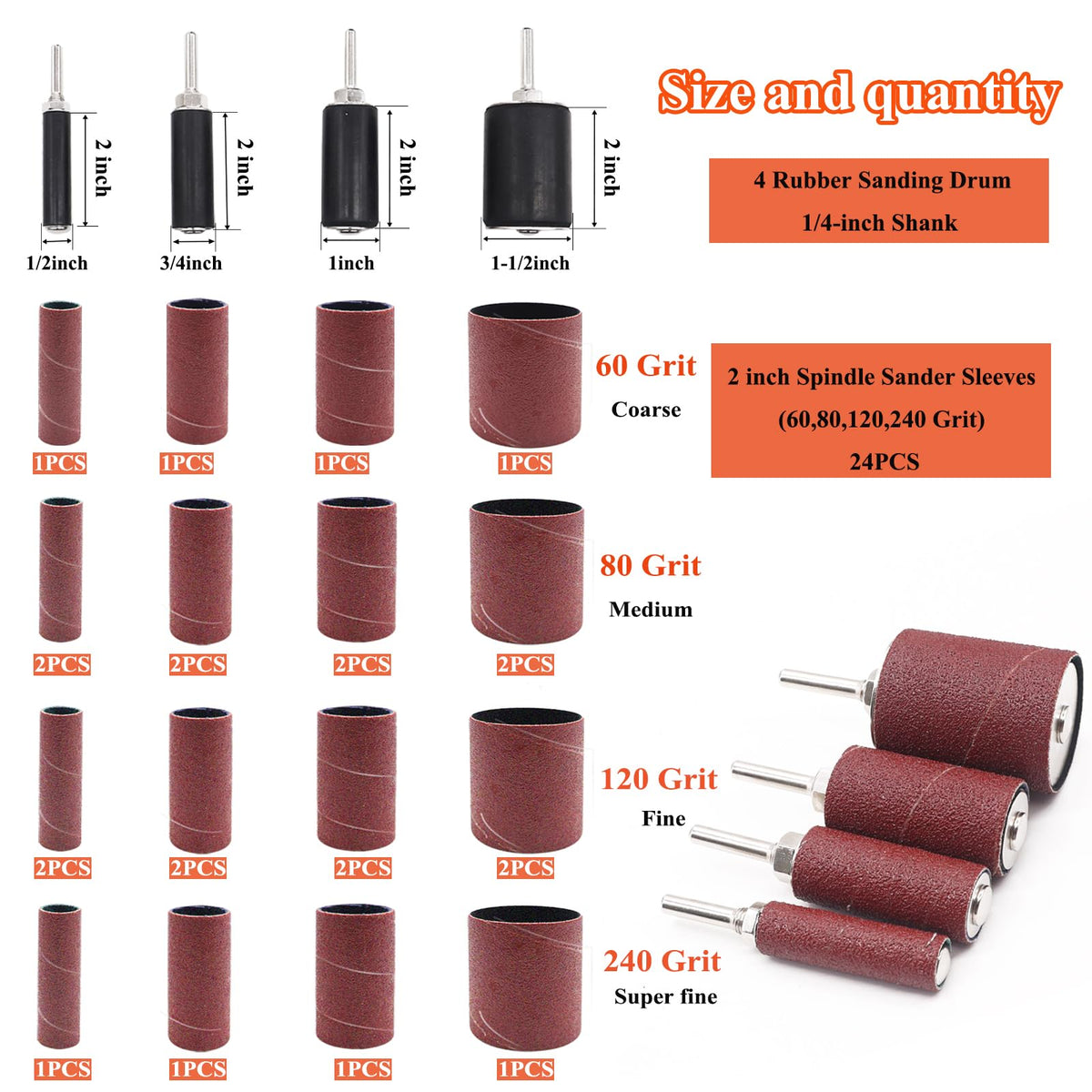 Sunxeke 2-inch sanding sleeves 60-240 grit pack for smooth finishes