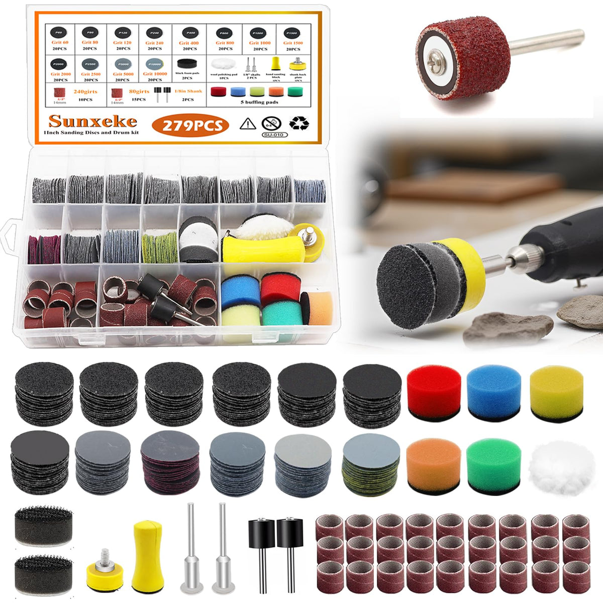Sunxeke 279PCS sanding kit boxed view for quick setup on Dremel projects.