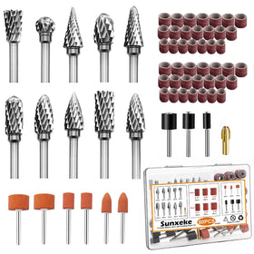 Sunxeke 80-piece burr set neatly organized in durable case for easy access.