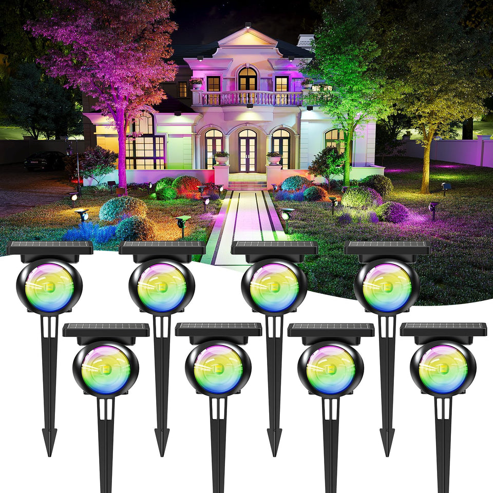 Sunyardlux multicolor tree spotlight highlighting a tree with vibrant uplight
