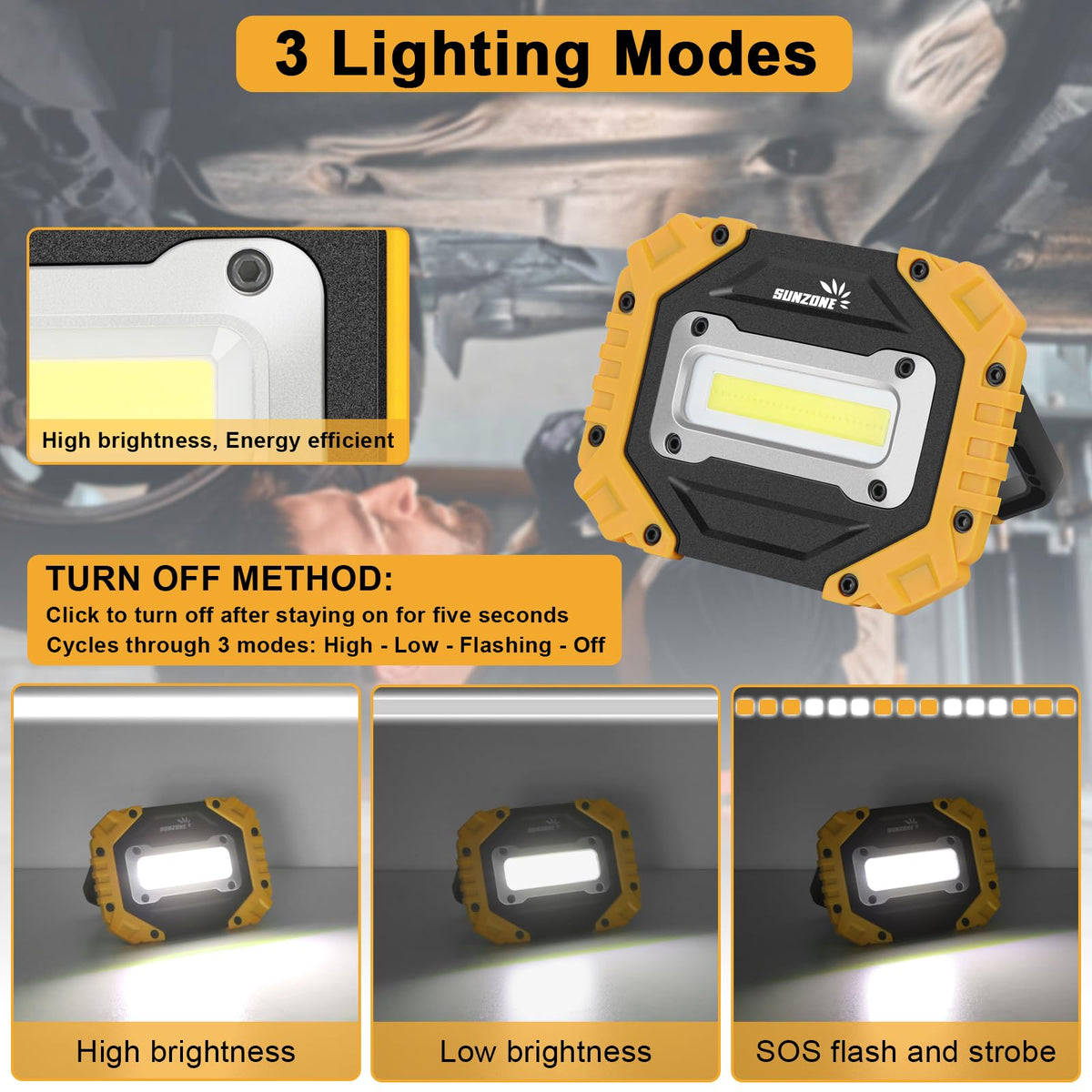Sunzone rechargeable flood light with stand for versatile placement on job sites.