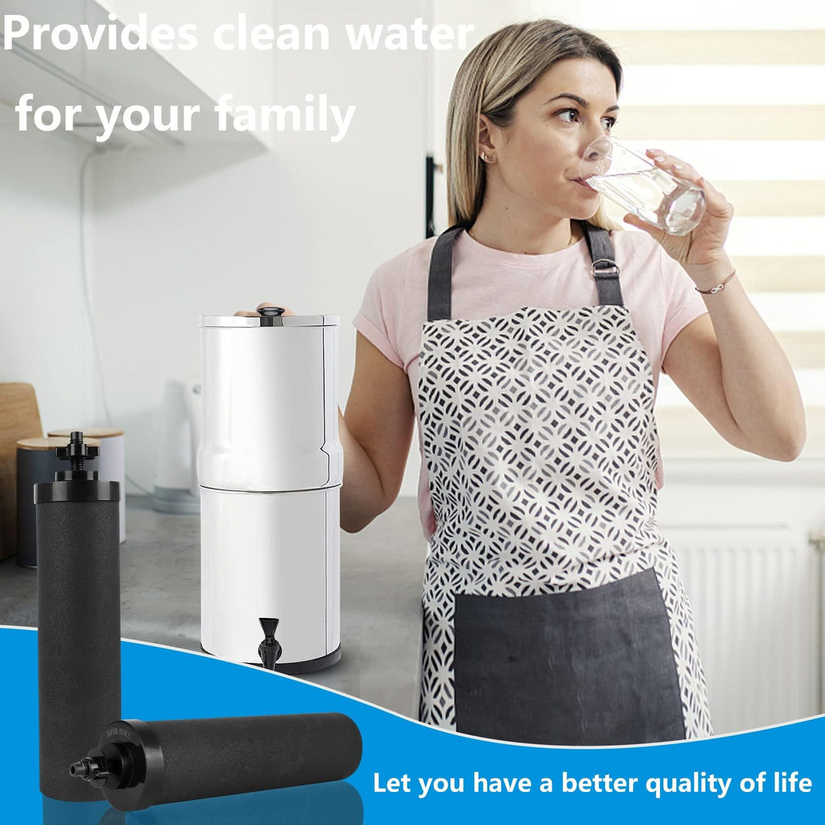 Pouring filtered water into glass using SUPER.BDACC filter.