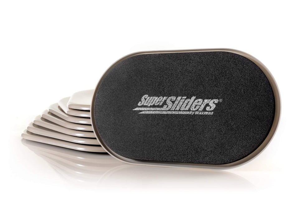 Super Sliders beige oval sliders under furniture for easy carpet movement.