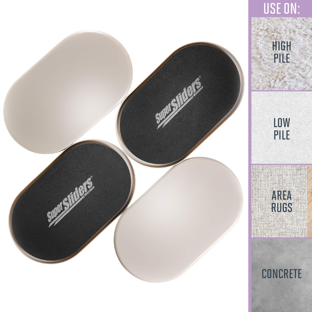 Super Sliders XL beige sliders placed on carpet for smooth movement of heavy pieces.