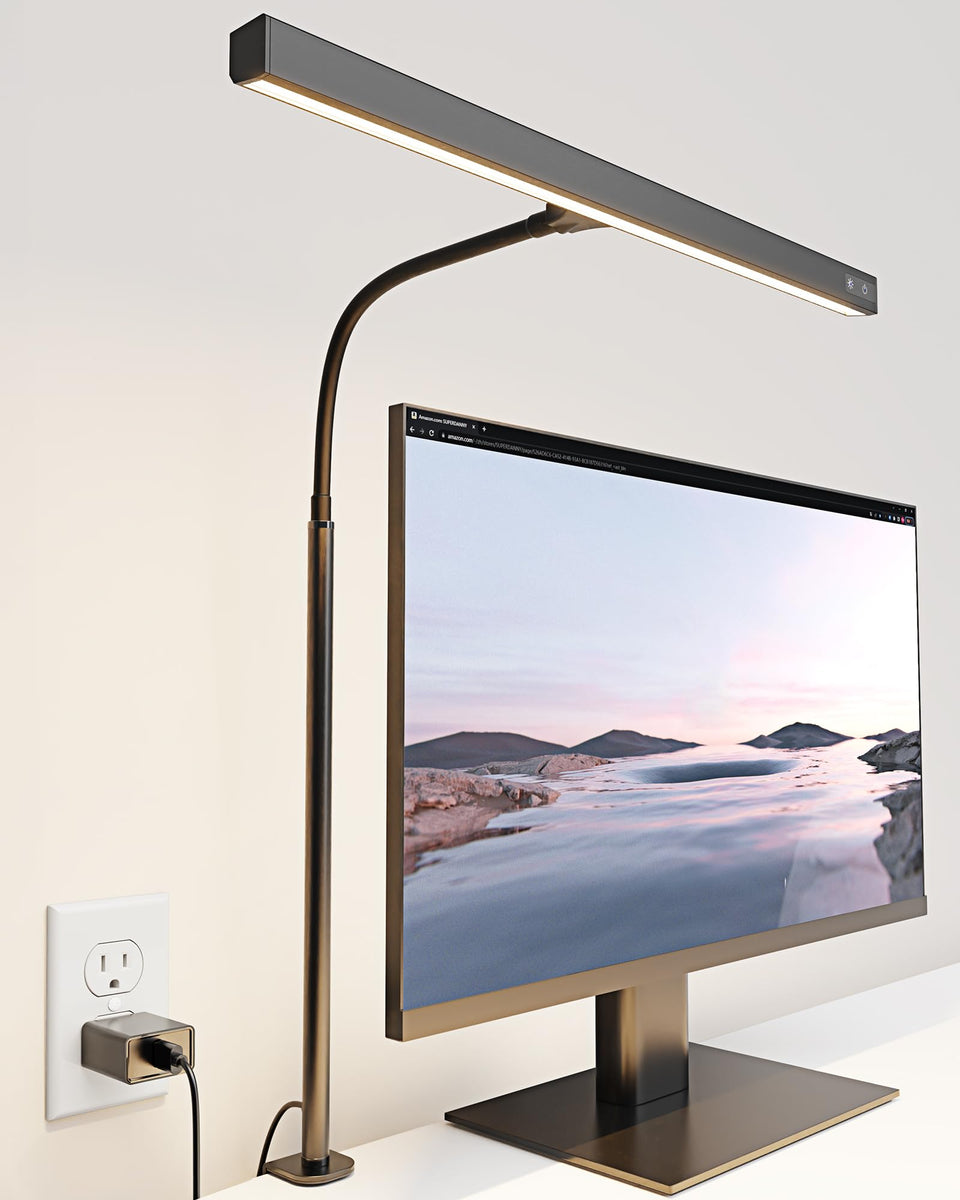 SuperDANNY LED desk lamp clip mount showing secure clamp for tidy desk space