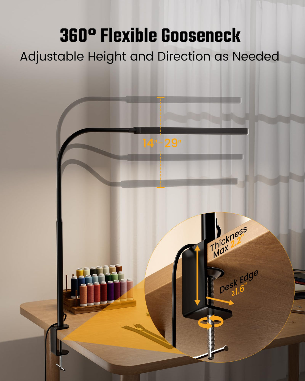 SUPERDANNY wide area lighting covers a 60 inch desk area with even illumination
