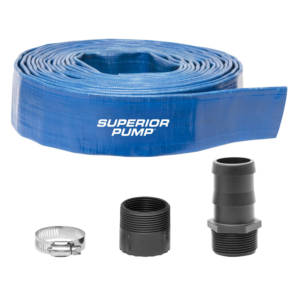 Superior Pump lay-flat 25 ft hose ready for fast water drainage.