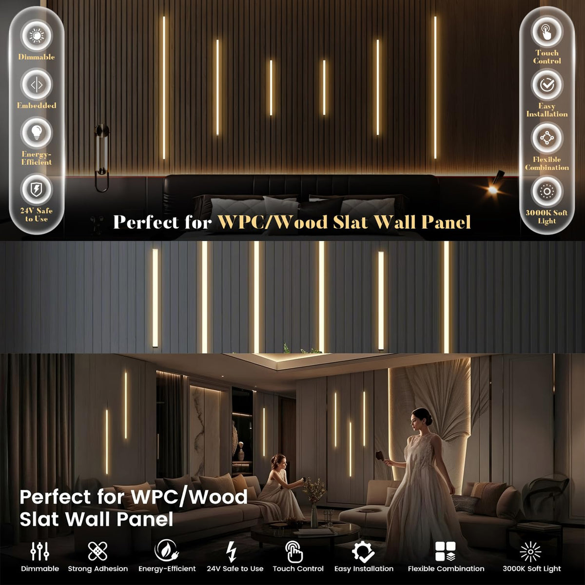 Superyofo self-adhesive wood slat panel strip light for quick, clean installations.