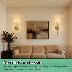 SuperYoPinny fabric-gold finish wall lamps add warm elegance to a bedroom.