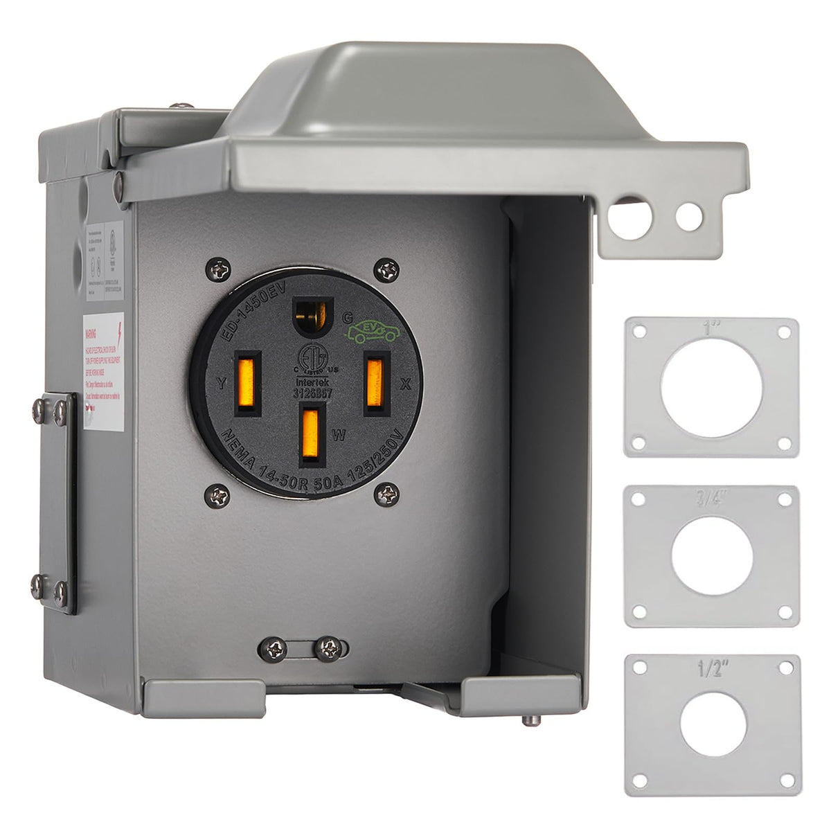 Suplevel 50A EV outlet box front view for outdoor charging readiness.