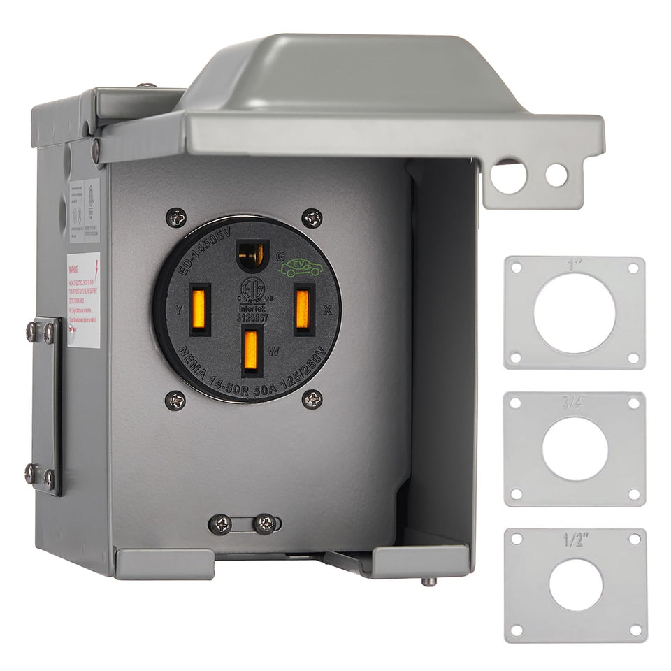 Suplevel 50A EV outlet box front view for outdoor charging readiness.