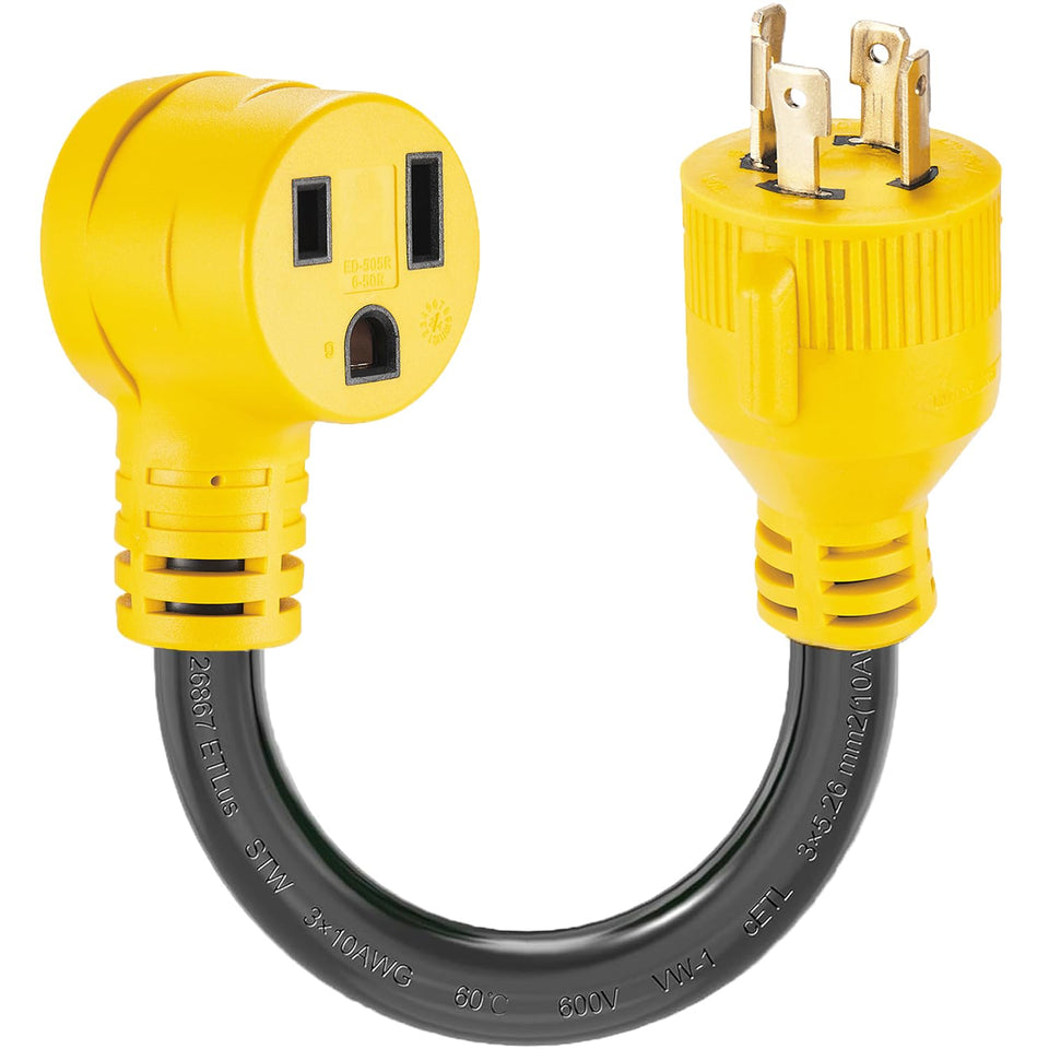 Suplevel welder adapter cord showing L14-30P to 6-50R connection for outdoor use.