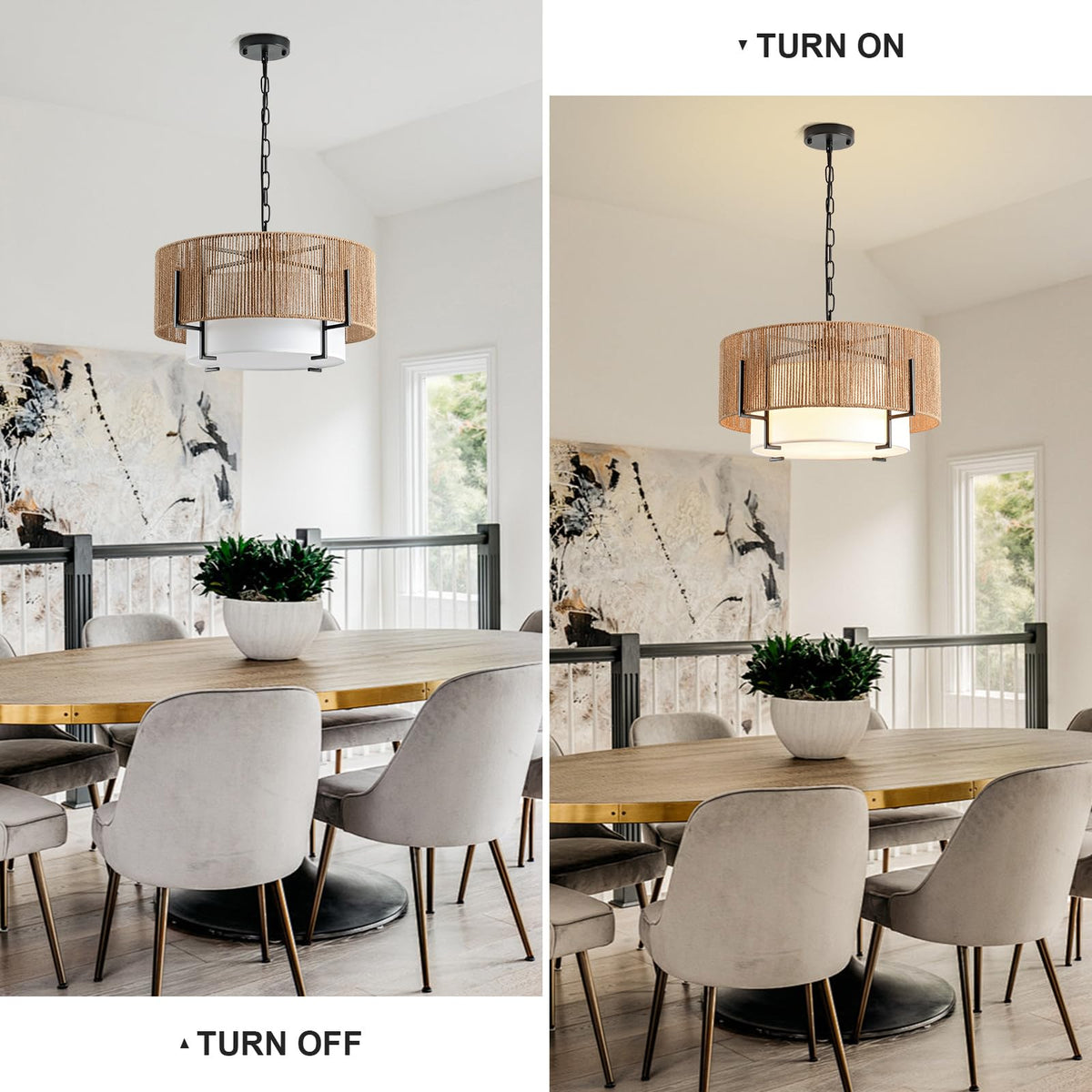 SupMaka 4-Light Rattan Chandelier in a bedroom with soft, relaxing light.