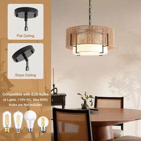SupMaka 4-Light Rattan Chandelier shown above dining area with warm glow.