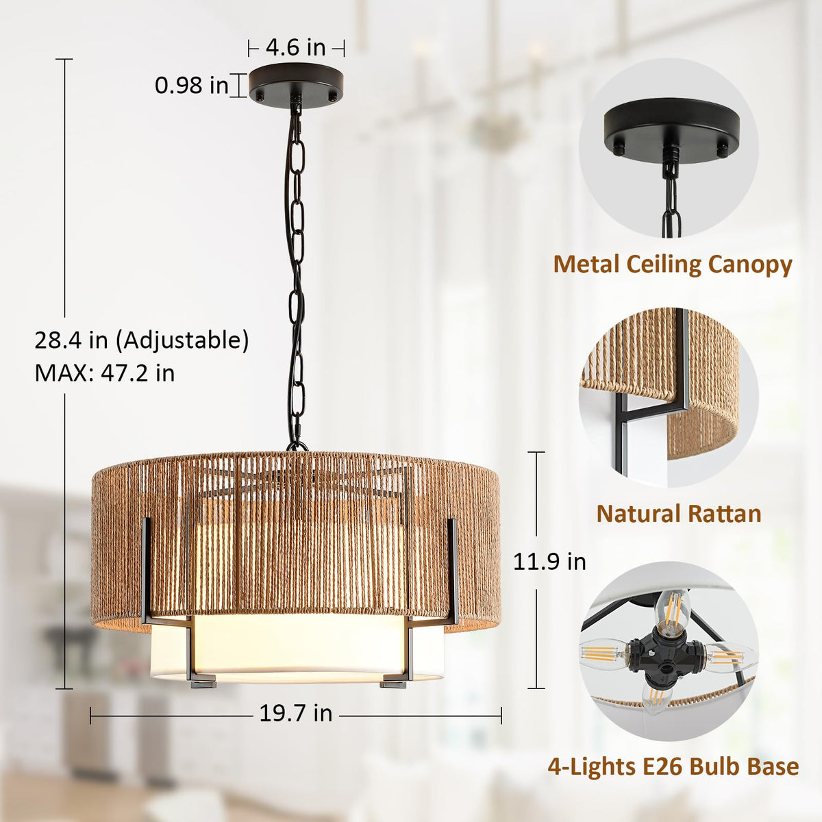 SupMaka 4-Light Rattan Chandelier linen shade diffuses light for cozy ambiance.