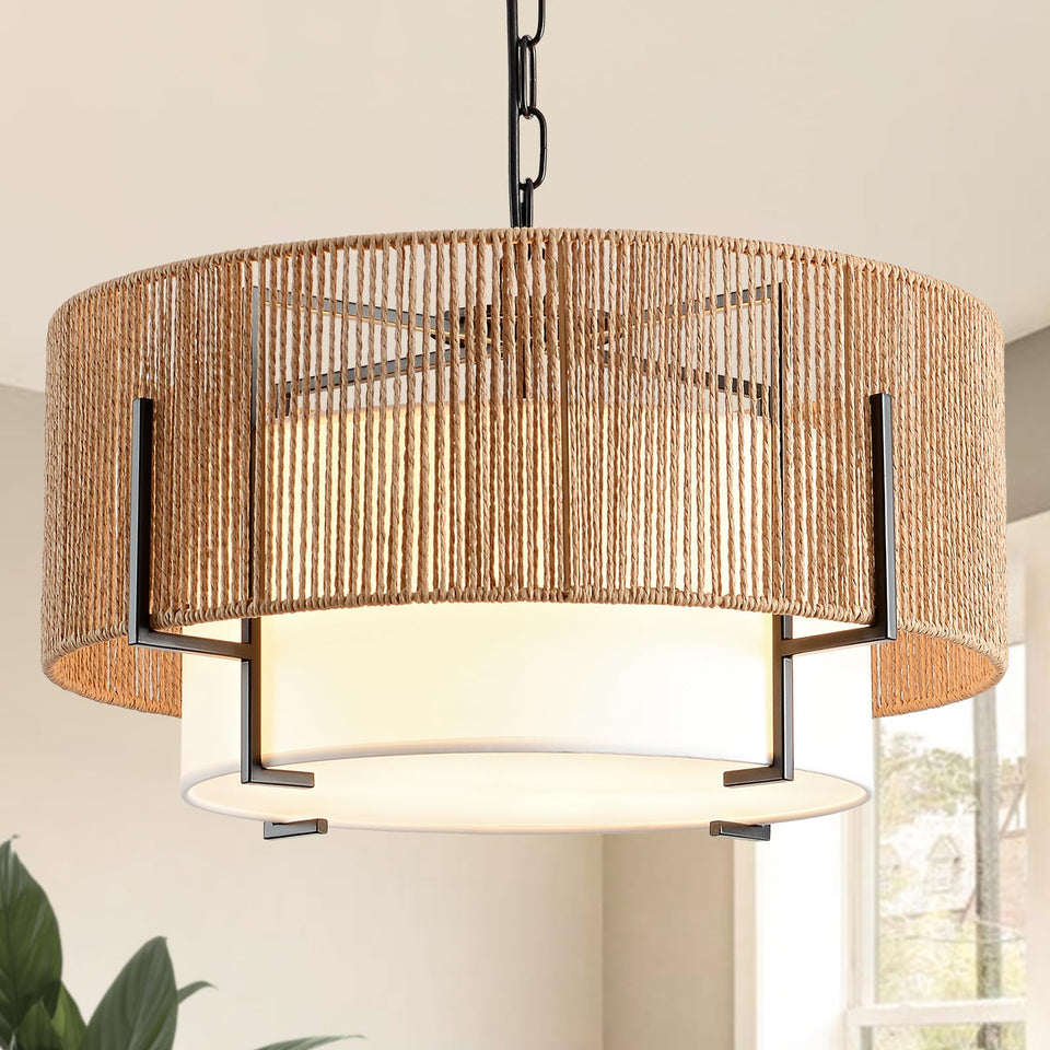 SupMaka 4-Light Rattan Chandelier weave detail highlights natural texture and rustic charm.
