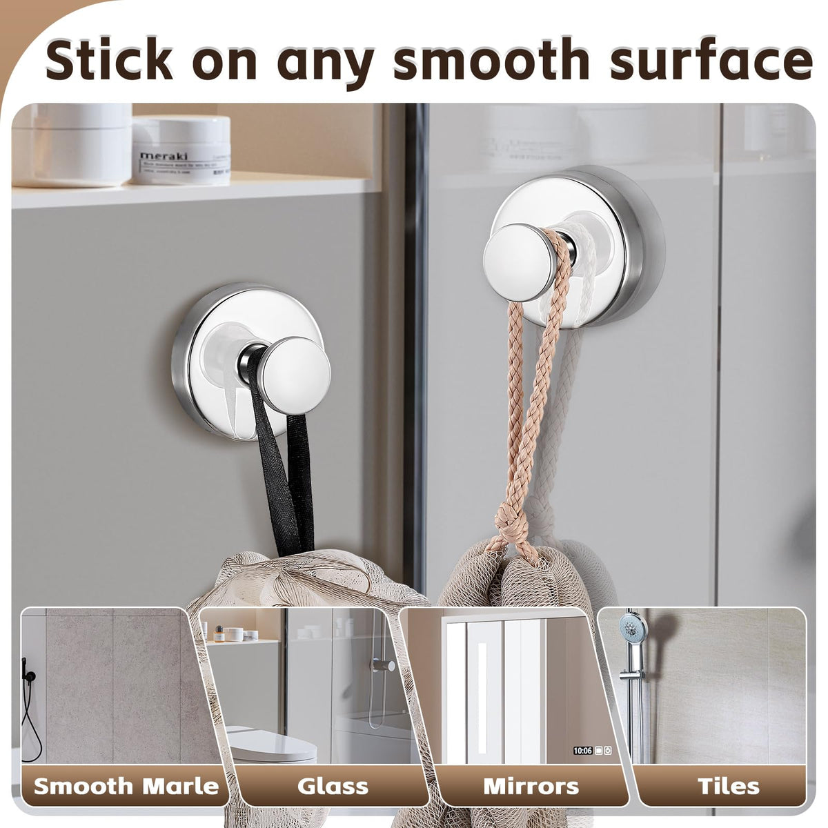 Supopular suction hook lifting a loofah in the shower