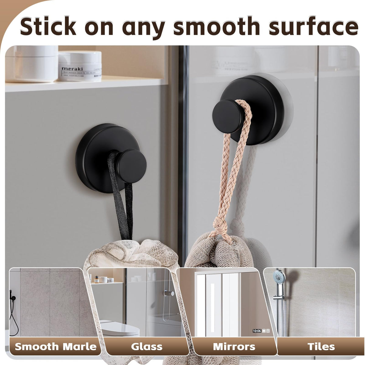 Supopular robe hook on metal surface provides reliable support.