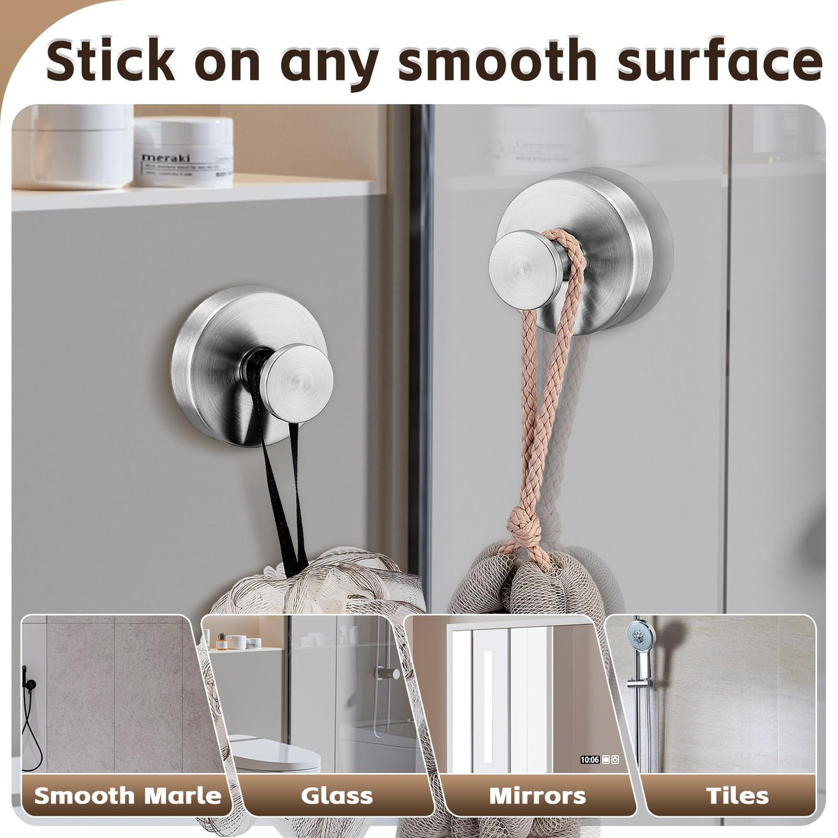 Supopular suction hooks towel display enable quick towel access in wet spaces.