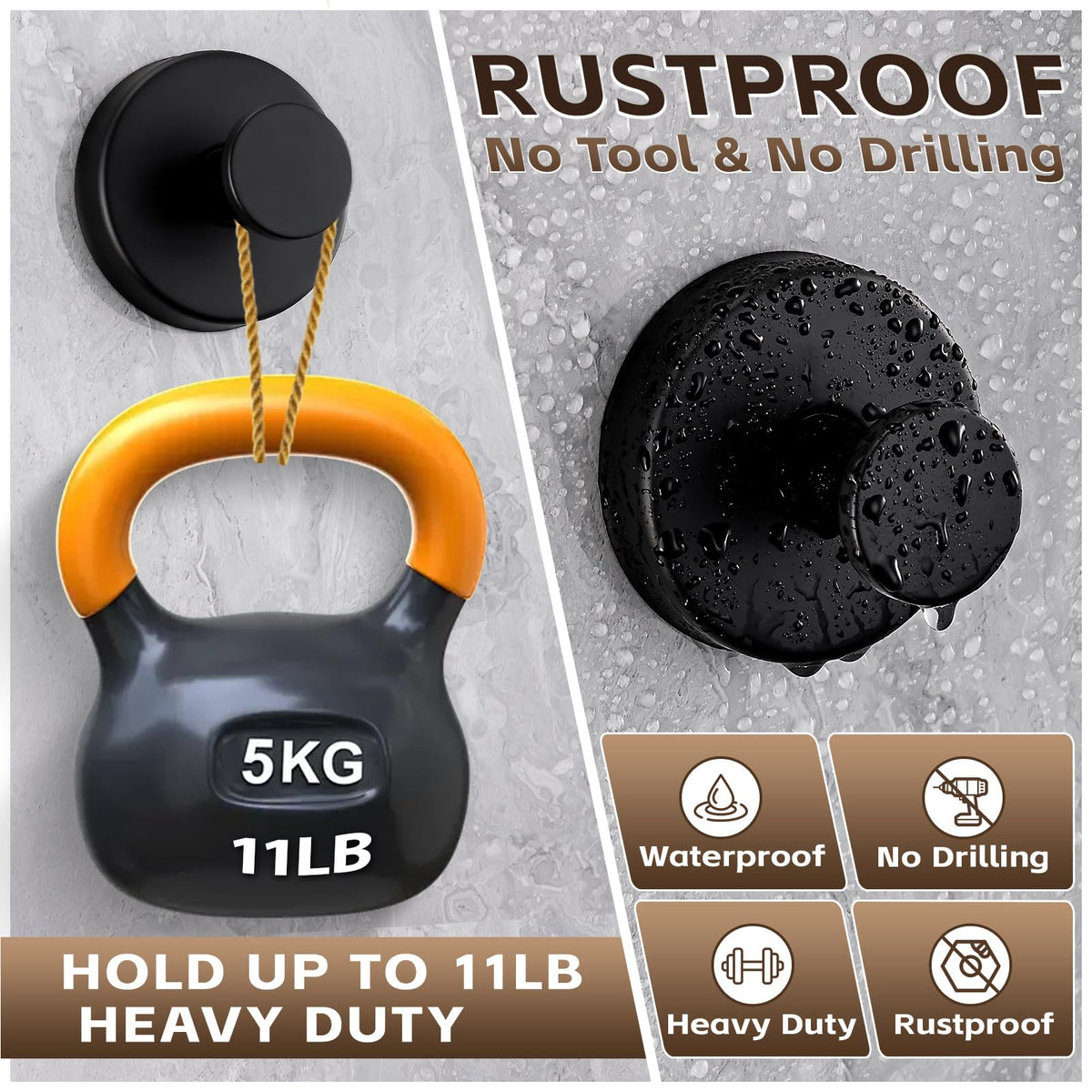 Supopular matte black towel hook on tiled wall for quick drying.