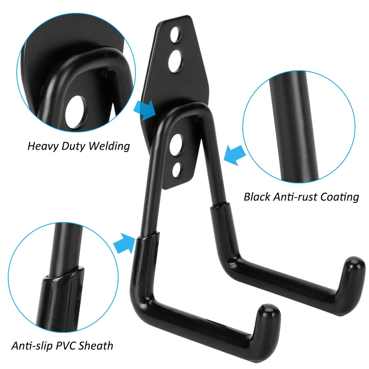 Suprom heavy-duty hooks holding ladders and bikes securely.