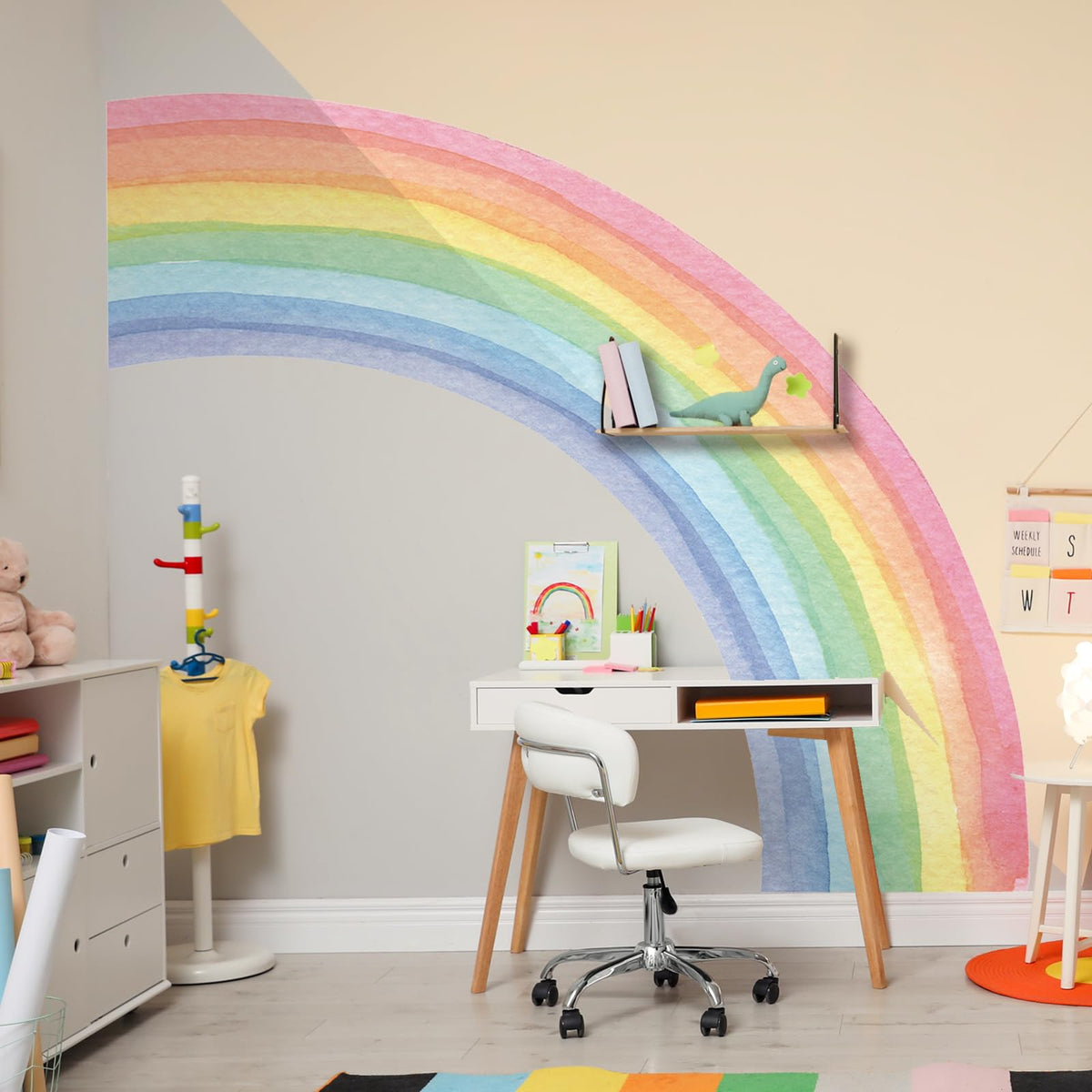 Supzone rainbow mural half watercolor panel—calming play space inspiration.
