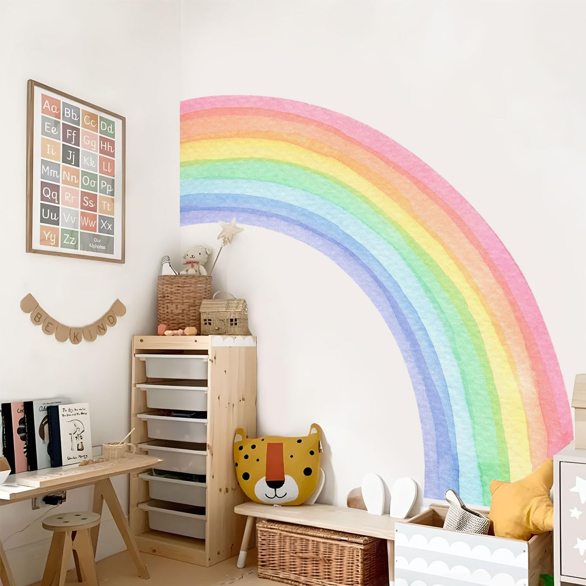 Supzone rainbow wall decal half watercolor panel—playroom focal point and photo backdrop.