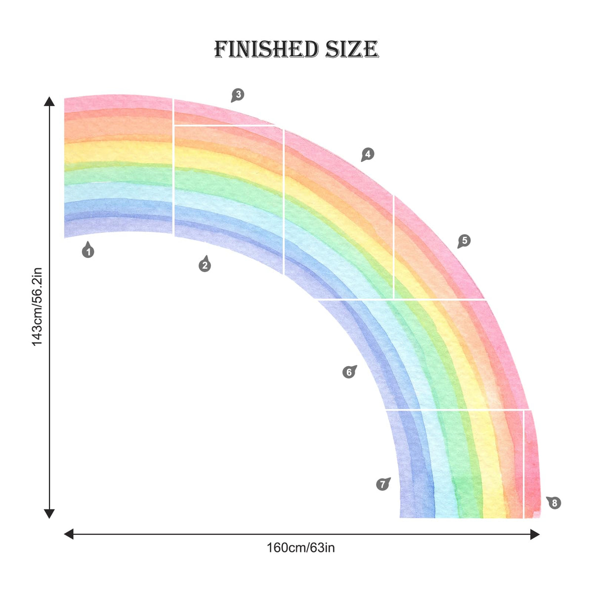 Supzone rainbow wall mural half watercolor panel—washable and easy to reposition.