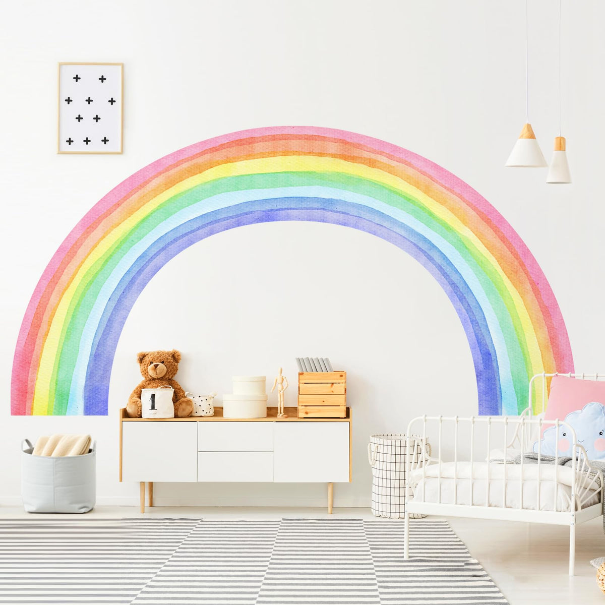 Supzone rainbow wall decal in a child’s room adds colorful watercolor arch