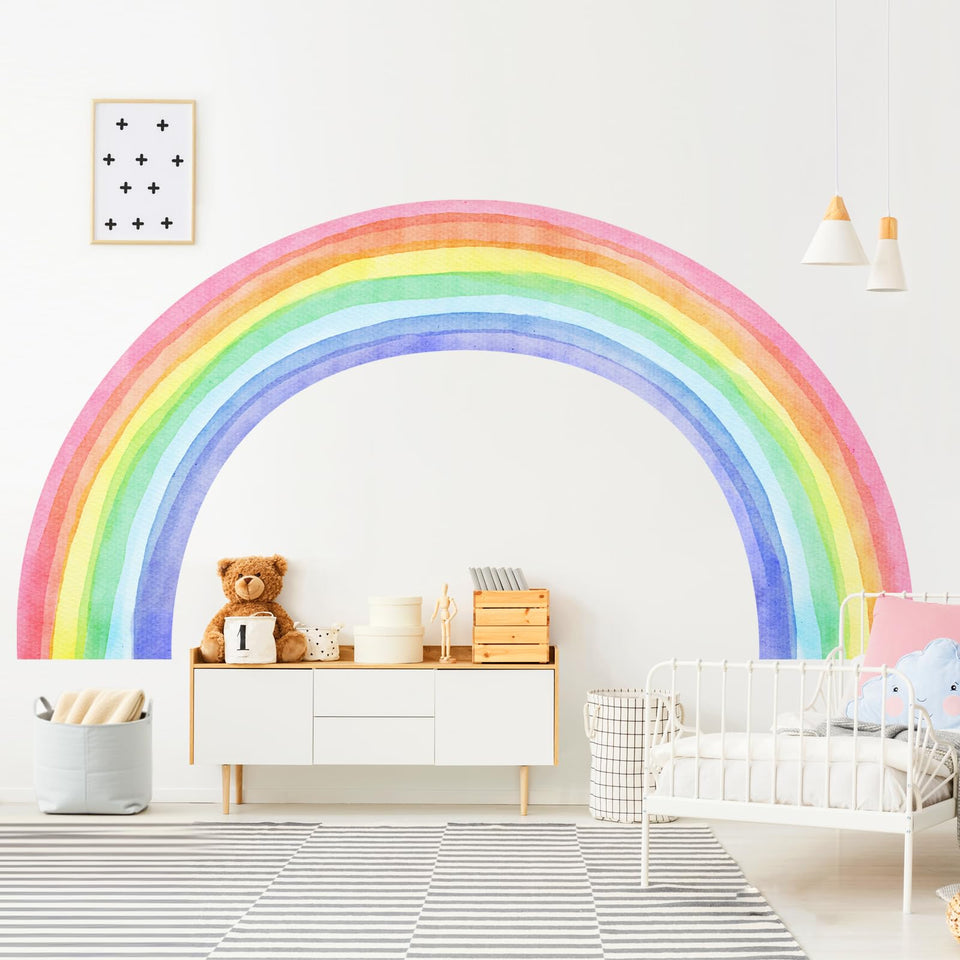 Supzone rainbow wall decal in a child’s room adds colorful watercolor arch