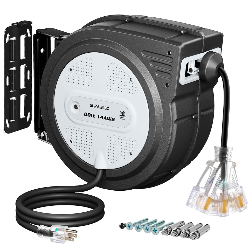 SURAIELEC 80 ft retractable cord reel extending reach for garage tasks