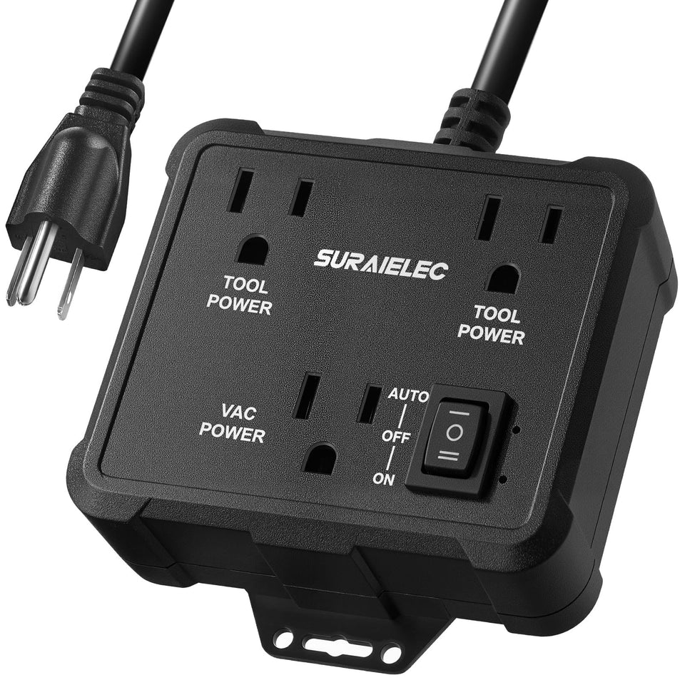 SURAIELEC automatic switch with two outlets powers multiple tools efficiently in a workshop