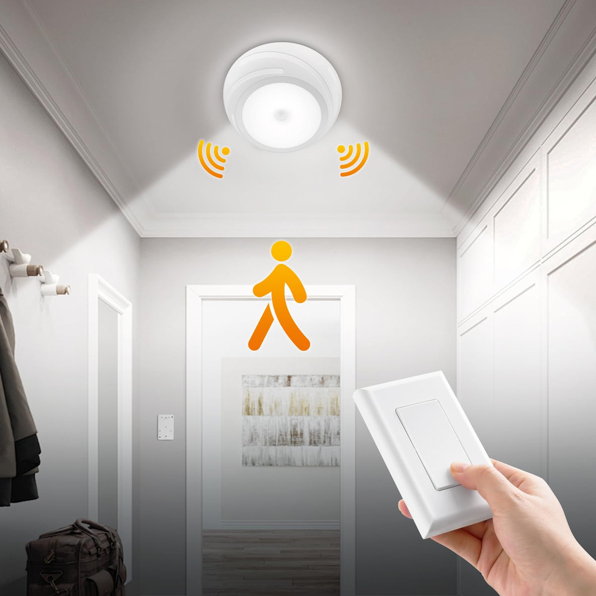 SURAIELEC battery ceiling light with wall switch provides easy pantry visibility.