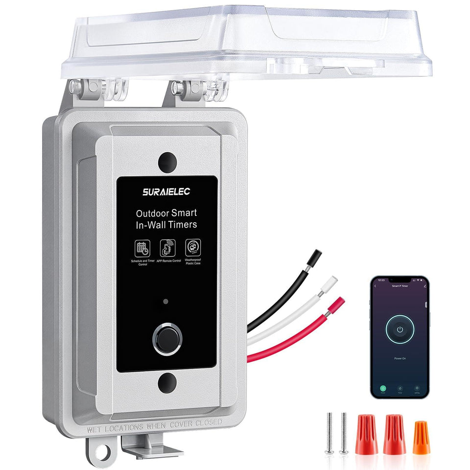 SURAIELEC 20A outdoor front view showing outdoor switch for pool pump control