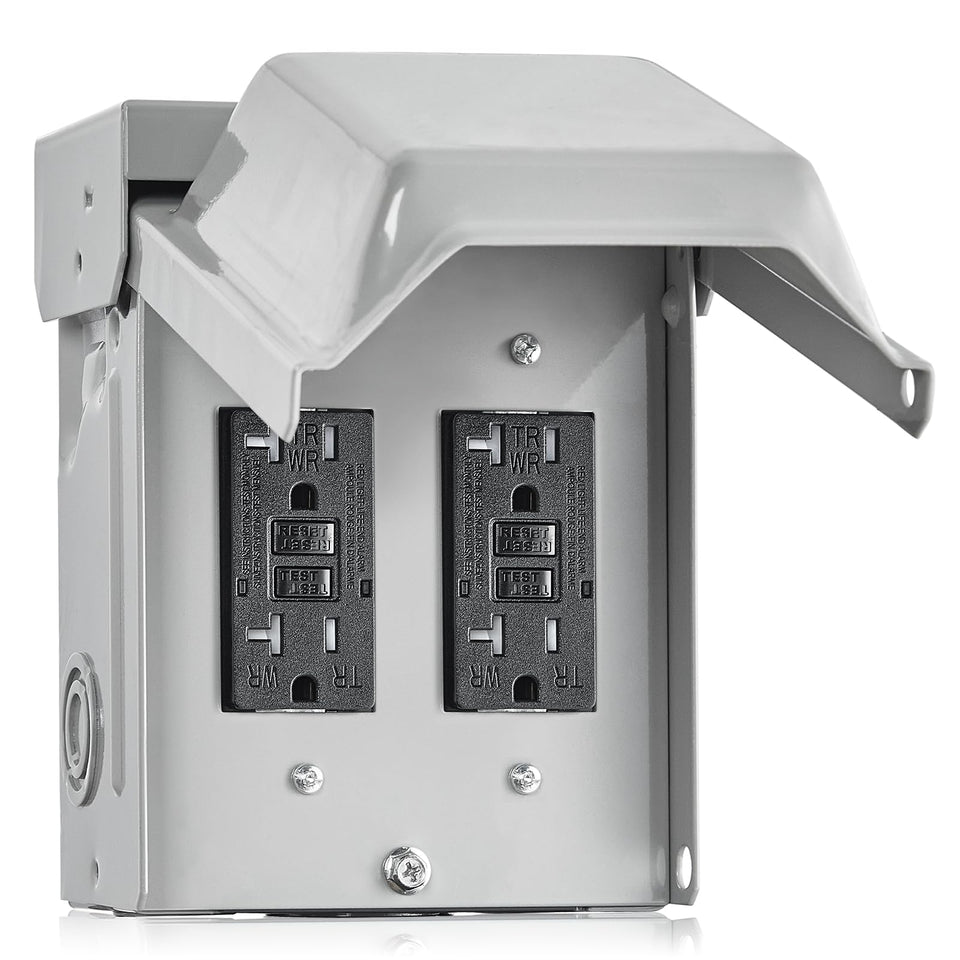 Suraielec outdoor outlet box with dual 20A GFCI receptacles for safe outdoor power.