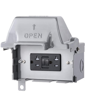SURAIELEC outdoor outlet box with waterproof 20A GFCI for safe backyard power access.