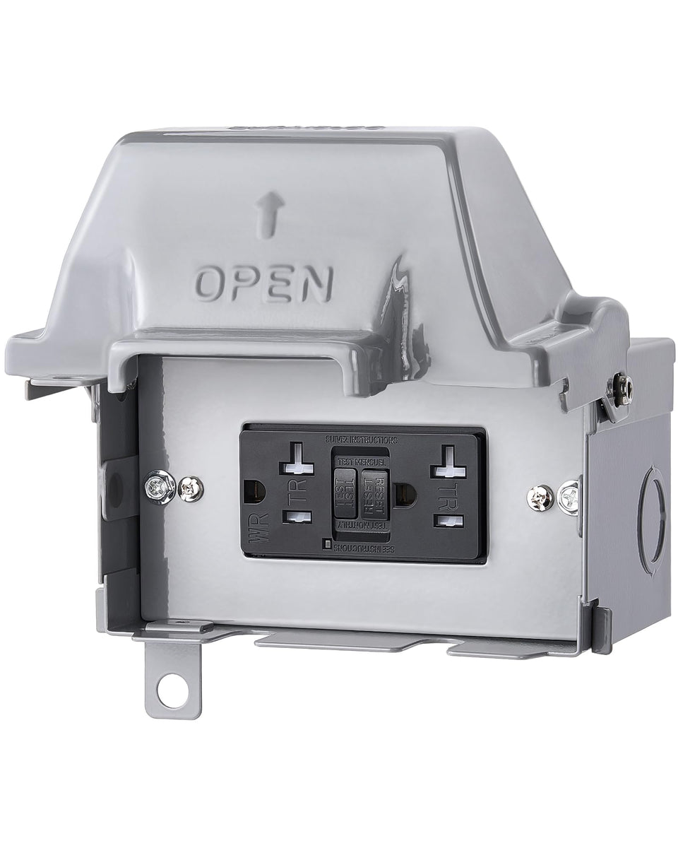 SURAIELEC outdoor outlet box with waterproof 20A GFCI for safe backyard power access.