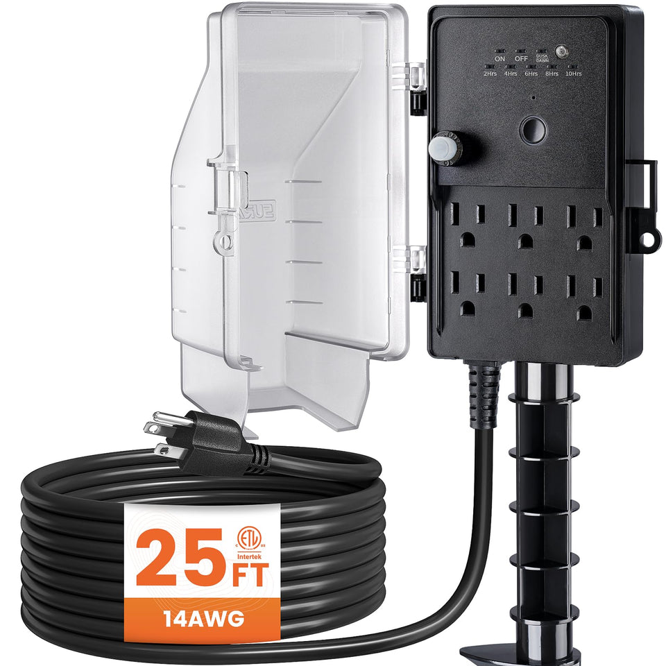 SURAIELEC outdoor power stake with dusk-to-dawn timer powering outdoor lights