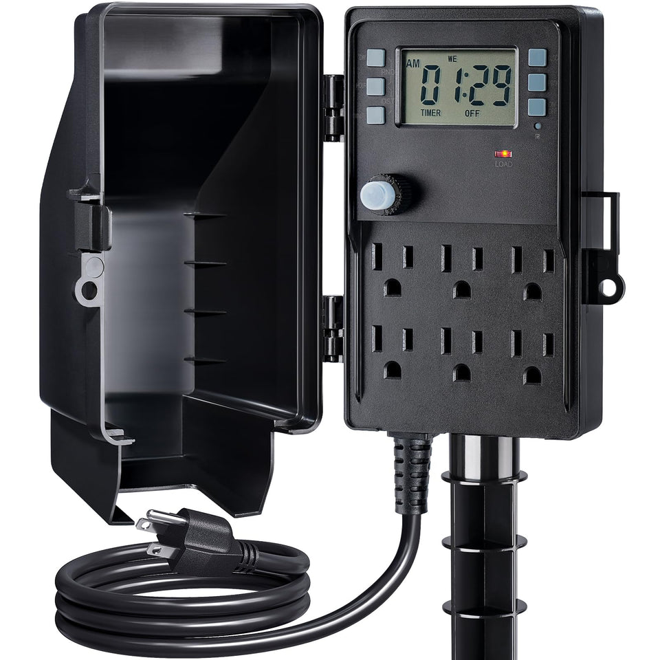 SURAIELEC Outdoor Power Stake front view showing six outlets for outdoor lighting