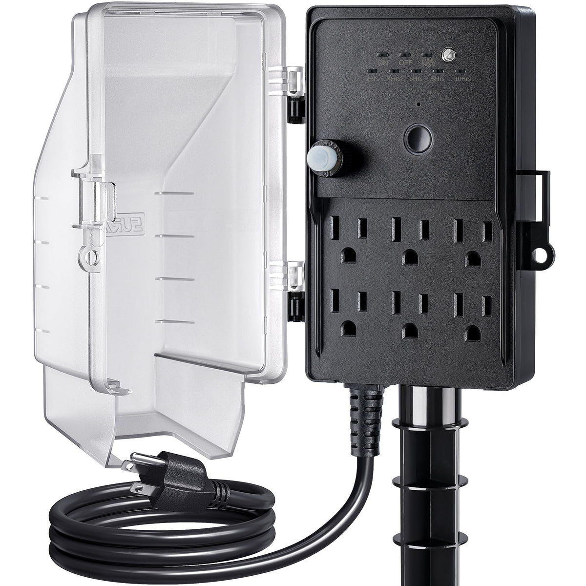 SURAIELEC outdoor power stake timer with dusk-to-dawn sensor for automated outdoor lighting.