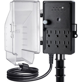 SURAIELEC outdoor power stake timer with dusk-to-dawn sensor for automated outdoor lighting.