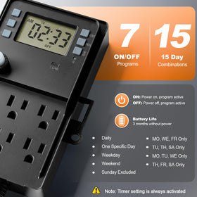 SURAIELEC Outdoor Power Stake timer display demonstrates seven-day programming
