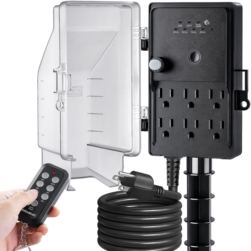 SURAIELEC outdoor power stake timer with six outlets powering multiple lights and decor.