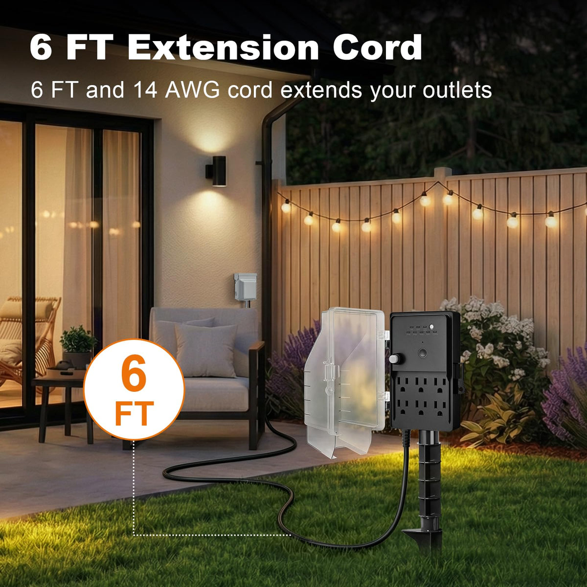 SURAIELEC six-foot extension cord enables flexible placement in yard or garden.