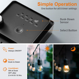 SURAIELEC six-outlet weatherproof power strip powers multiple patio lights and devices.