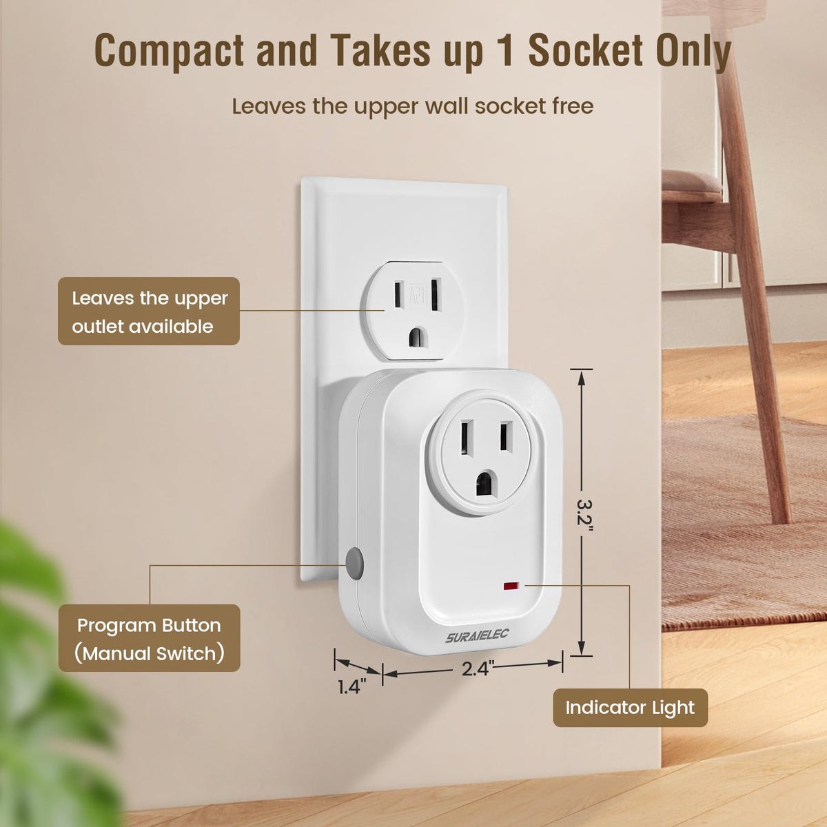Suraielec wall switch mounted close-up shows compact, portable design.