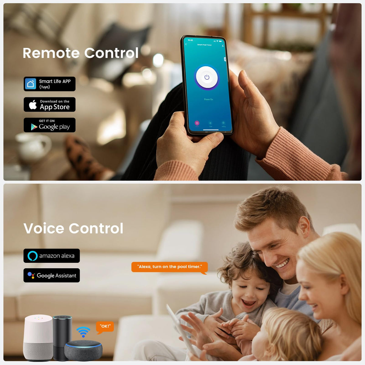SURAIELEC WiFi pool timer app control image showing Smart Life app and voice assistants