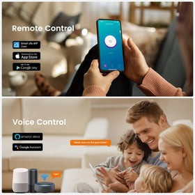 SURAIELEC WiFi pool timer app control image showing Smart Life app and voice assistants