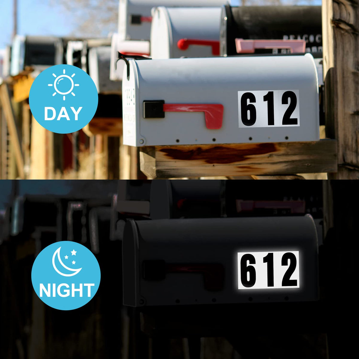 SUREFORU adhesive numbers applied to a mailbox for clear street address.