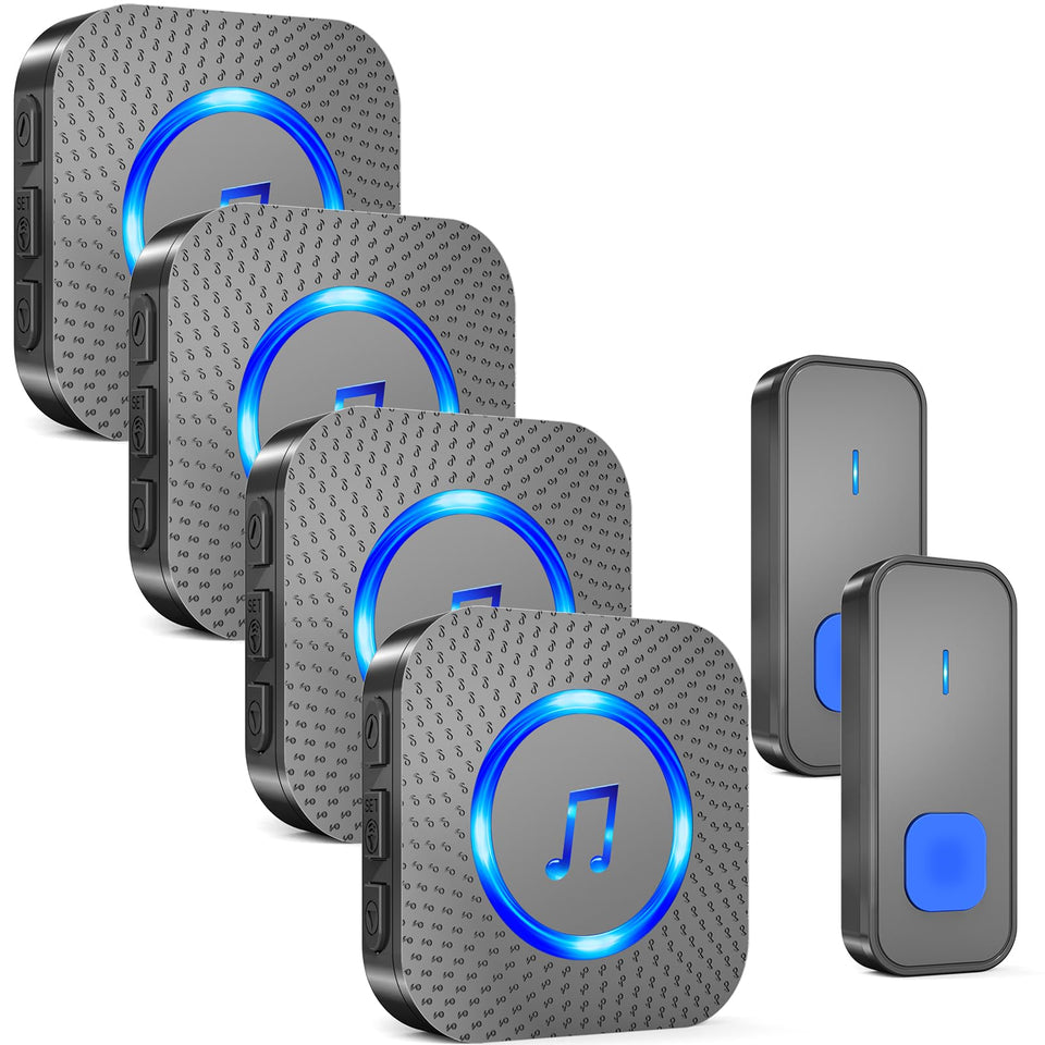 SURFOU wireless doorbell kit with four receivers and two buttons for multi‑door alerts.